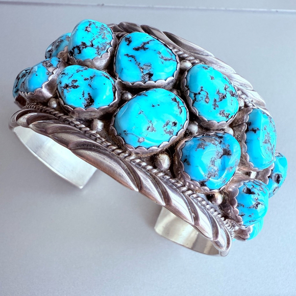 Native American Navajo Esther Spencer Kingman Turquoise Nugget Sterling Bracelet - Picture 2 of 12